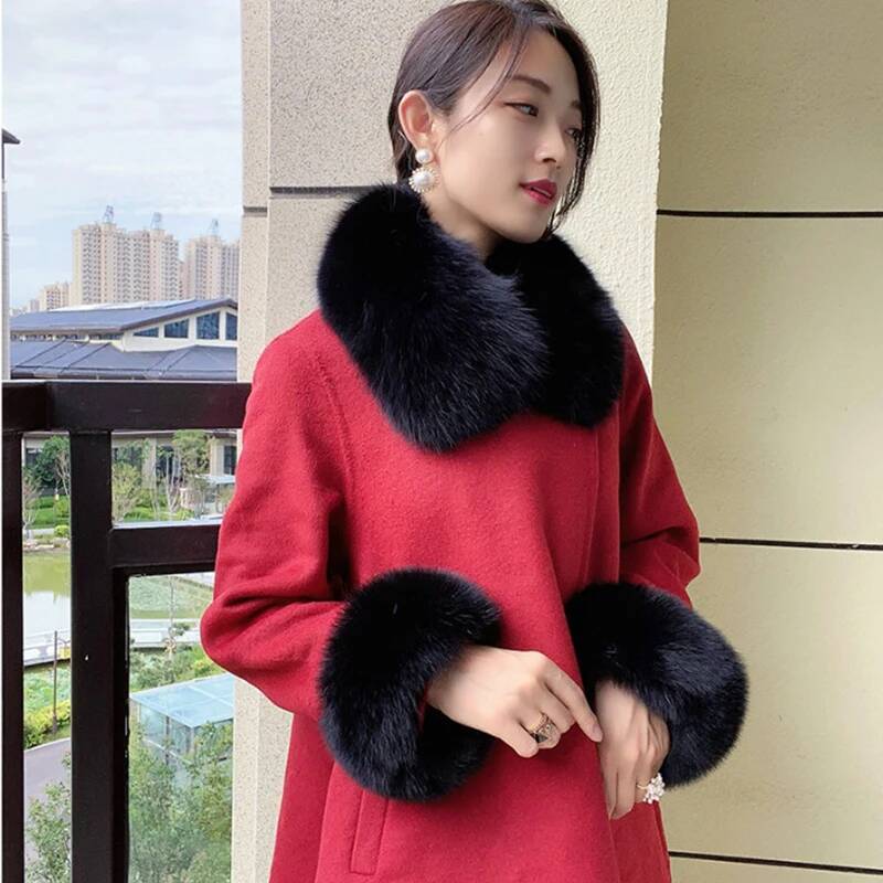 100% Real Fox Fur Collar Winte - Women'S Winter Accessories Set 评论和价格