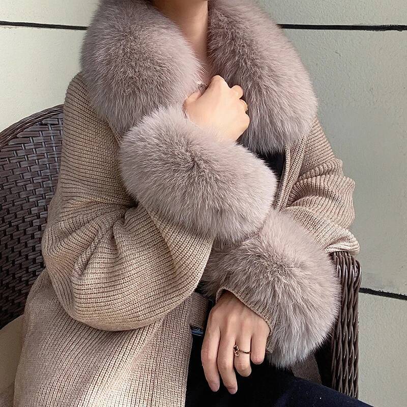 100% Real Fox Fur Collar Winte - Women'S Winter Accessories Set 评论和价格