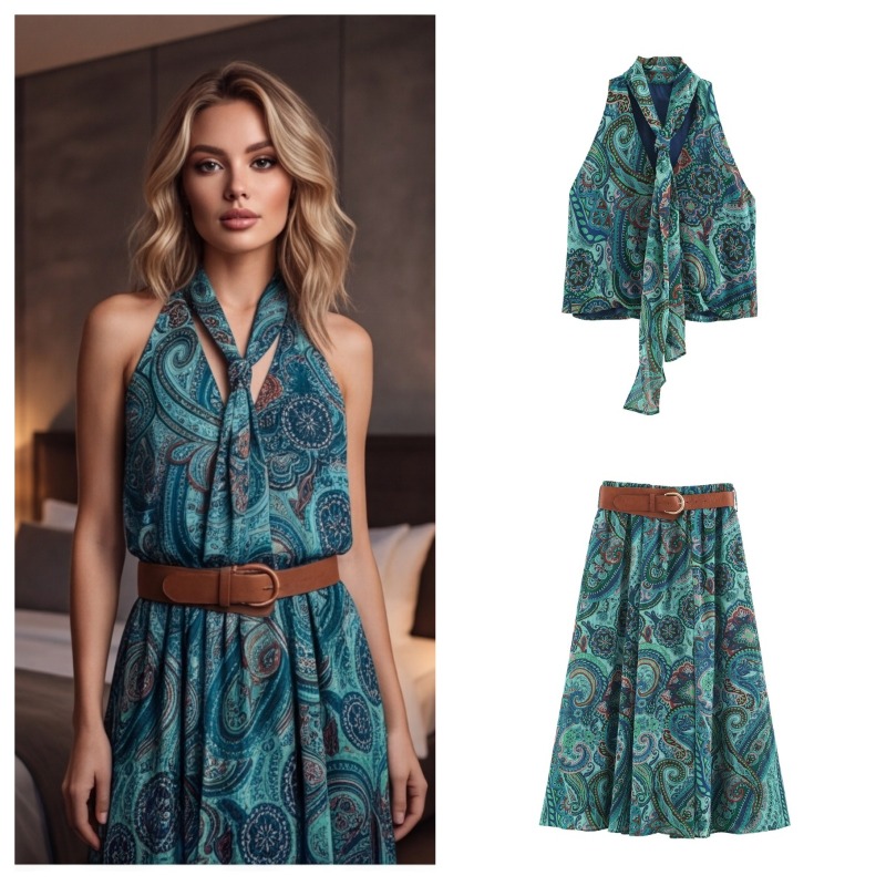 Vintage Printed Belt Long Skir - Women Electronic Accessories 评论和价格